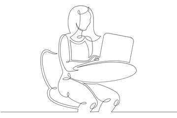 Poster - Young woman sits working at a laptop computer. The designer manager works on the Internet. One continuous drawing line, logo single hand drawn art doodle isolated minimal illustration.