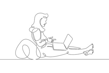 Poster - Young woman sits working at a laptop computer. The designer manager works on the Internet. One continuous drawing line, logo single hand drawn art doodle isolated minimal illustration.