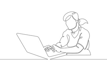 Poster - Young woman sits working at a laptop computer. The designer manager works on the Internet. One continuous drawing line, logo single hand drawn art doodle isolated minimal illustration.