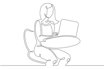 Poster - Young woman sits working at a laptop computer. The designer manager works on the Internet. One continuous drawing line, logo single hand drawn art doodle isolated minimal illustration.