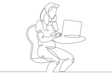 Poster - Young woman sits working at a laptop computer. The designer manager works on the Internet. One continuous drawing line, logo single hand drawn art doodle isolated minimal illustration.