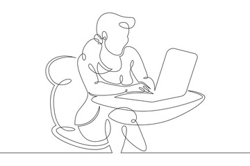 Poster - Young woman sits working at a laptop computer. The designer manager works on the Internet. One continuous drawing line, logo single hand drawn art doodle isolated minimal illustration.