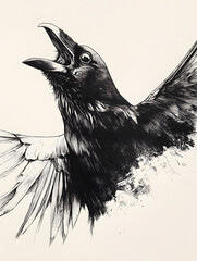 Wall Mural - raven head looking upward , wings open wide , dynamic , pen and ink