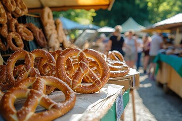 Fresh pretzels displayed at an outdoor market, with blurred shoppers in the background.