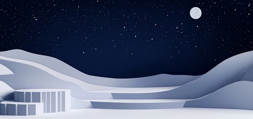 Wall Mural - abstract nighttime landscape with moon, stars, and minimalist white hills.