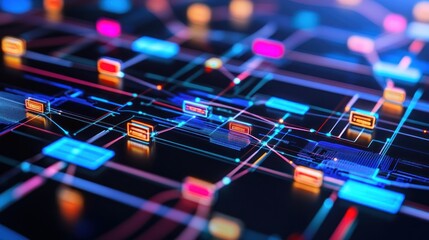 Poster - abstract digital network: a vibrant visualization of interconnected data nodes and pathways, symboli