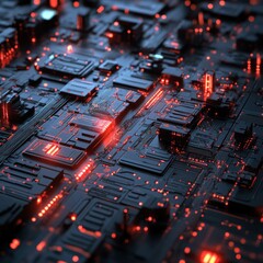 Poster - abstract circuit board: red glowing technology