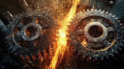 Canvas Print - a photorealistic image of two large gears grinding against each other and spewing out sparks with a 