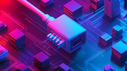 Close-up of a connector on a circuit board with vibrant neon lighting.