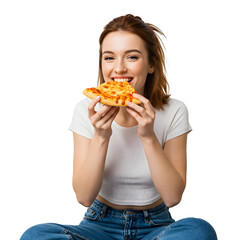 beautiful woman eating a slice of pizza
