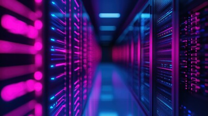 Poster - Neon Lit Server Room: A Digital Data Center's Glowing Heart