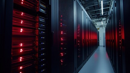 Poster - Server Room: Data Center Interior with Red Lights