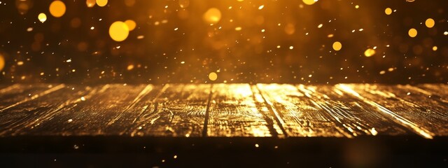 Poster - Golden bokeh lights illuminating rustic wooden surface.