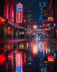 Wall Mural - Rainy night city street scene with vibrant neon lights reflecting in puddles. (1)