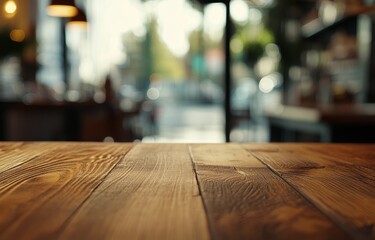 Poster - Empty wooden table in blurry cafe background.