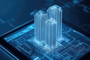 Poster - A futuristic digital rendering of skyscrapers on a smart device screen, illustrating advanced architecture and technology.