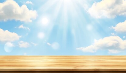 Poster - Sunny sky background with wooden table.