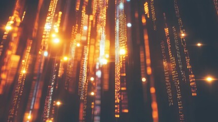 Poster - Abstract Digital Rain: Glowing Data Streams in Amber Hues