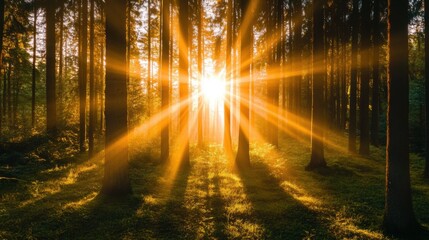 Wall Mural - bright sunlight pours through tree branches, casting radiant rays across the lush forest floor, enha