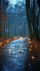 Wall Mural - rainy evening walk illuminated by lanterns along a forest path in autumn