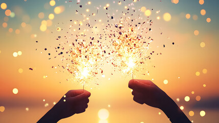 Poster - Hands holding sparklers against a colorful sunset background