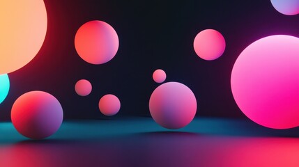 Wall Mural - Abstract 3D Rendering of Spheres in Vibrant Neon Light on Dark Background.