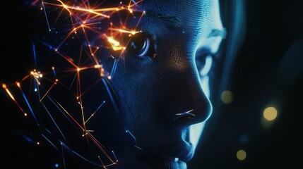 Poster - Digital Woman: A futuristic portrait of a woman's face, illuminated by glowing lines and nodes, representing the connection between human and technology.