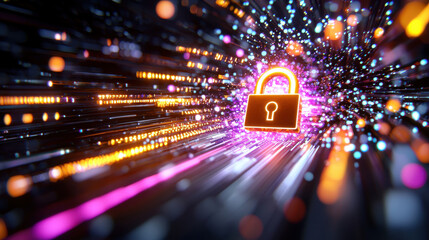 Leinwandbilder - futuristic padlock icon surrounded by vibrant light trails symbolizes security and protection in digital world. glowing elements create dynamic and engaging atmosphere