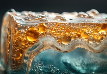 Poster - Glorious Close-Up of Ice with Bubbles and Amber Liquid Inside, Capturing the Intricacies of Light and Texture in a Stunning Macro Perspective