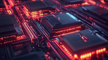 Poster - Abstract Circuit Board: Red Neon Glow Digital Technology