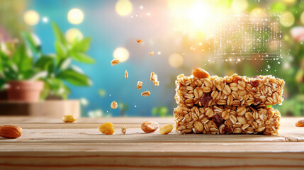 Poster - beautifully lit shot of functional food energy bar with nuts and grains, surrounded by vibrant, natural setting. sunlight enhances freshness and appeal of snack