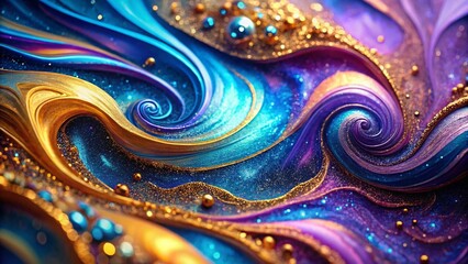 Poster - Abstract Blue Purple Swirl Gold Glitter Background - Luxury Design Texture