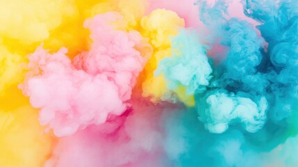 Poster - Colorful clouds of pink, yellow, and blue ink blend and swirl together in water, creating a beautiful and dynamic visual effect
