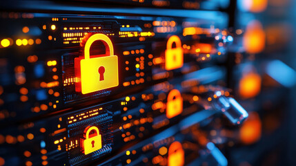 Poster - secure cloud server with glowing padlock icons, symbolizing data protection and cybersecurity. vibrant lights create modern and technological atmosphere