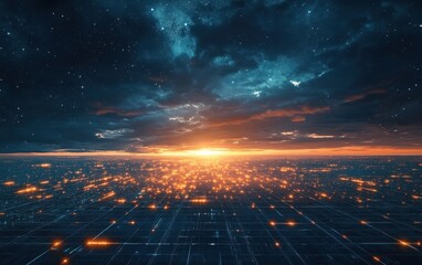 Poster - Digital Cityscape at Sunset with Starry Sky, Glowing Grid, Futuristic Tech, Data Flow, Abstract Concept.
