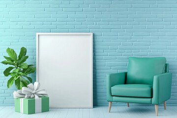 Aufkleber - Teal armchair, gift, blank frame, light blue brick wall.