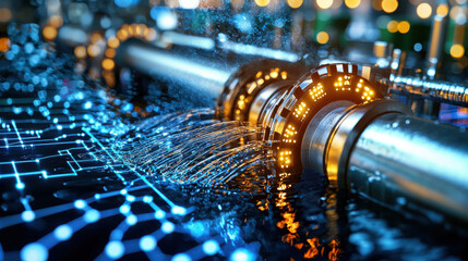 Poster - captivating view of hydroelectric plant showcasing glowing pipes and flowing water, highlighting fusion of technology and nature in energy production