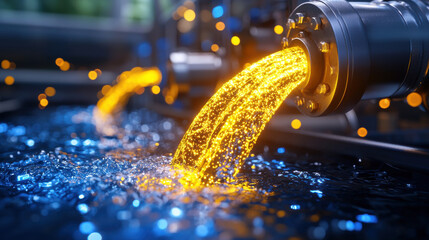 Poster - captivating view of glowing water flowing from hydroelectric plant, showcasing vibrant colors and dynamic movement. scene highlights beauty of energy generation