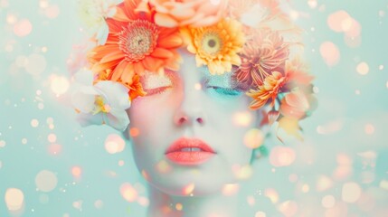Poster - A woman with vibrant flowers adorning her head gazes serenely, surrounded by soft, colorful bokeh and a dreamy atmosphere of tranquility