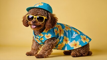 Wall Mural - smiling brown toy poodle dog wears hat with summer day traveling yellow back ground