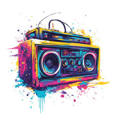 Aufkleber - A vibrant illustration of a retro boombox surrounded by colorful paint splatters showcasing a dynamic and energetic aesthetic.