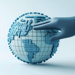 Aufkleber - A stylized, blue and white globe is being touched by a gray hand, symbolizing interaction with the world or digital connectivity.