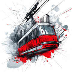 Aufkleber - A stylized artistic depiction of a red city tram in motion, set against a backdrop of an urban landscape.
