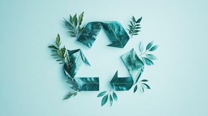 Wall Mural - eco-friendly recycling symbol made of green leaves and arrows - sustainable living concept