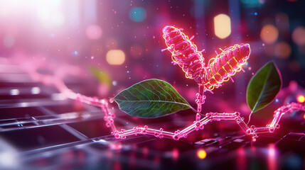 Poster - cinematic close up of nanobots modifying genetic material in plant, showcasing vibrant colors and intricate details. scene evokes sense of innovation and scientific advancement