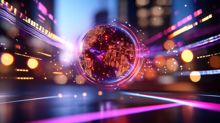 Aufkleber - futuristic hologram of glowing globe with vibrant lights and digital patterns, symbolizing global connectivity and technology