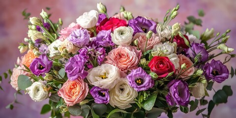 Wall Mural - A close-up of a bouquet of fresh, colorful flowers in full bloom against a soft background.