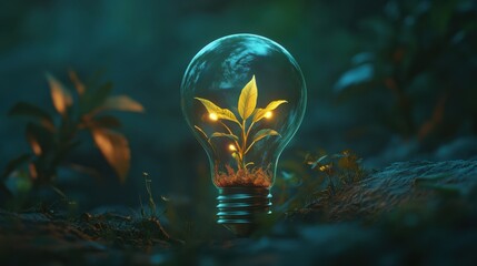 Wall Mural - illuminating sustainability - plant growth in glowing light bulb eco concept