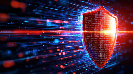 Leinwandbilder - digital shield encasing binary code, representing cybersecurity and protection. vibrant colors and dynamic lines convey sense of energy and security in digital realm