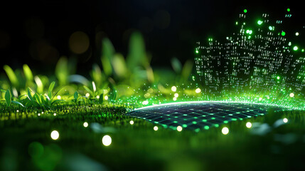 Aufkleber - vibrant digital landscape featuring glowing green binary data emerging from grid on lush grass, symbolizing technology and nature harmony